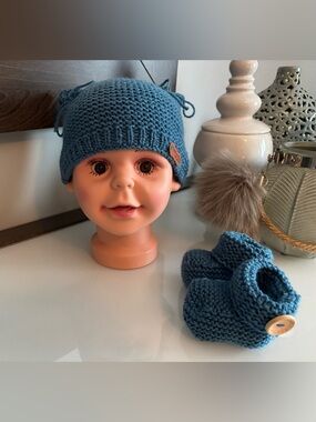 Handknit Blue Baby Beanie with Tie Details and booties set